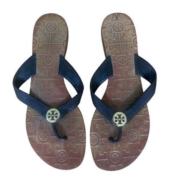 TORY BURCH THORA WOMENS BROWN WITH BLACK LEATHER FLIP FLOP MEDALLION SANDALS 8.5 - Picture 1 of 4